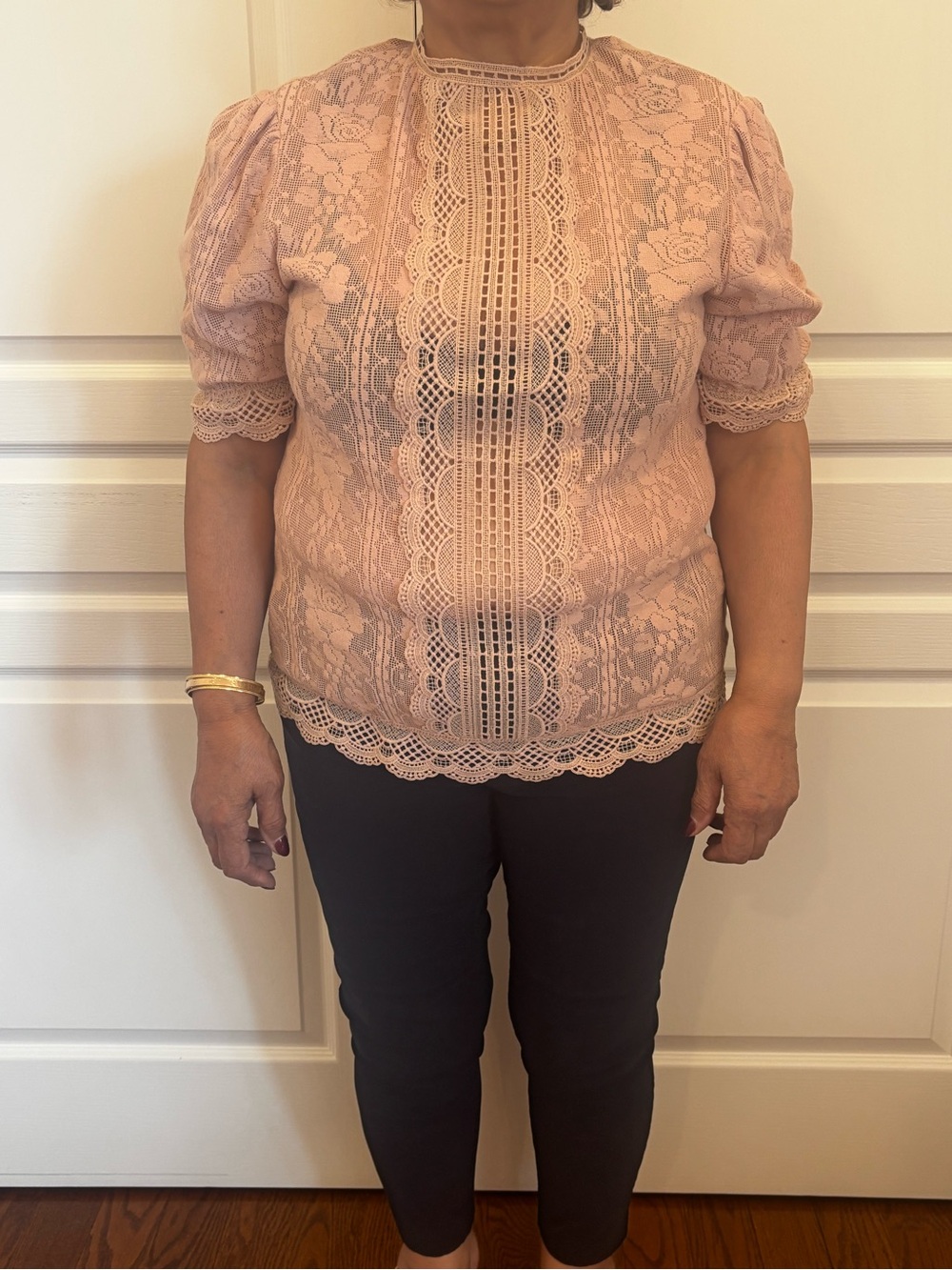 Adiva Blush Pink Lace Crochet Short Sleeve Blouse